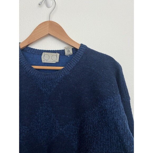 VTG Bill Ditfort Designs Blue Wool Chunky Knit Checkered Sweater Medium Grandpa - Picture 2 of 8